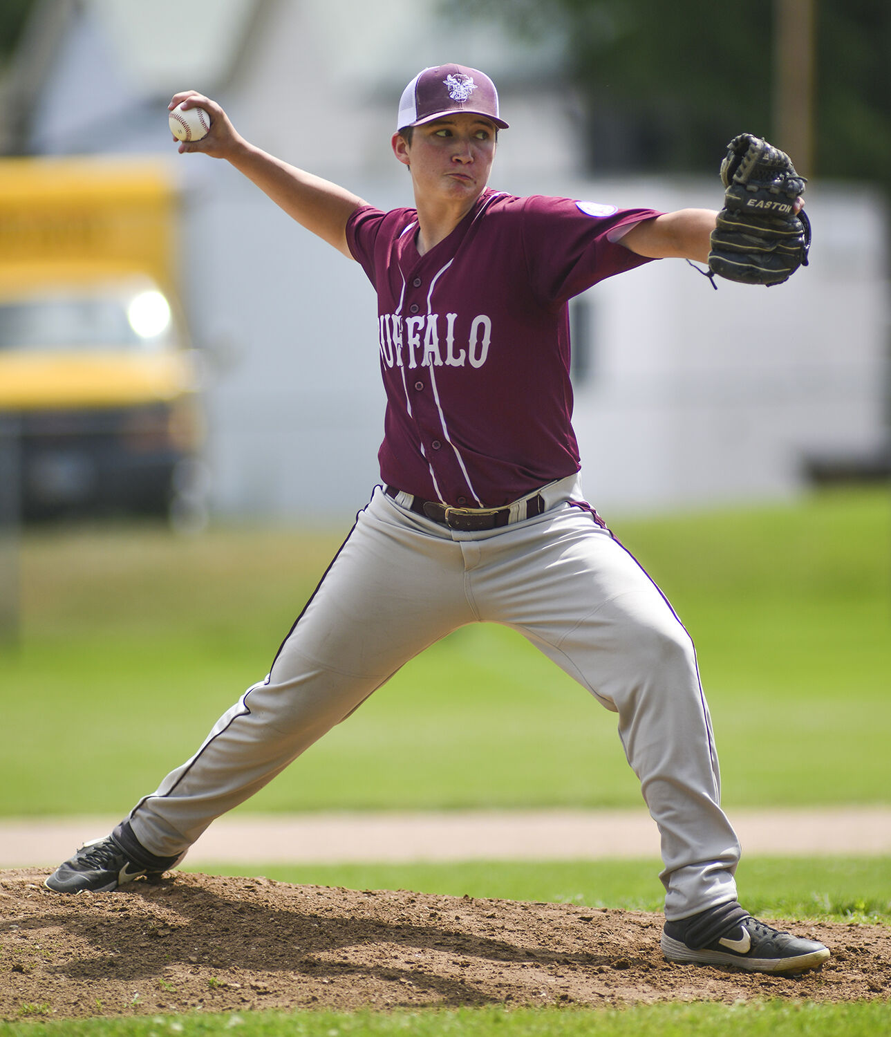 Damian Brown stretches forward during his release